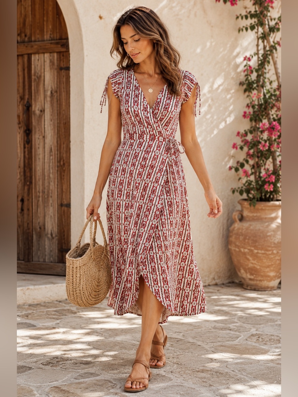 Cleobella Wrap Midi Dress XS Red Cream Boho Tile Print
